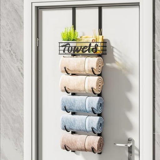 Towel Racks for Bathroom Storage - 6 Tier Over The Door & Wall Mount Rolled Towel Storage Organizer Holder with Metal Shelf Basket for Small Bathroom, Camper, Rv - Black, Patented