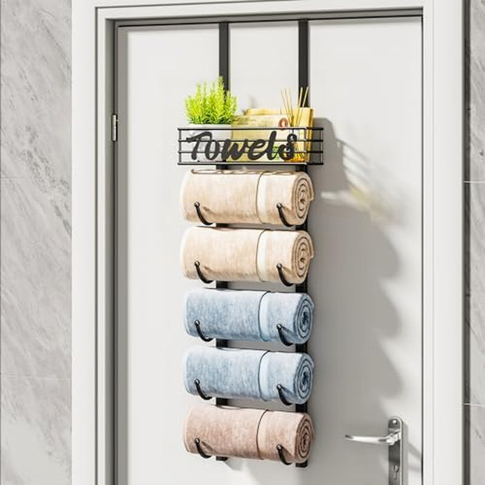 Towel Racks for Bathroom Storage - 6 Tier Over The Door & Wall Mount Rolled Towel Storage Organizer Holder with Metal Shelf Basket for Small Bathroom, Camper, Rv - Black, Patented