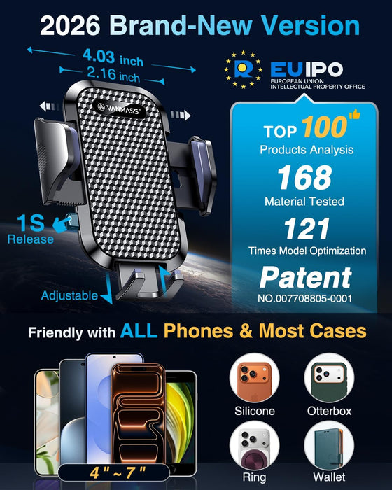 [True Military-Grade] Car Phone Holder [Upgraded Strongest Suction&Clip] Cell Phone Mount for Dashboard Windshield Vent 
