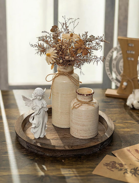 Round Wooden Candle Holder Trays for Coffee Table, Distressed Finish