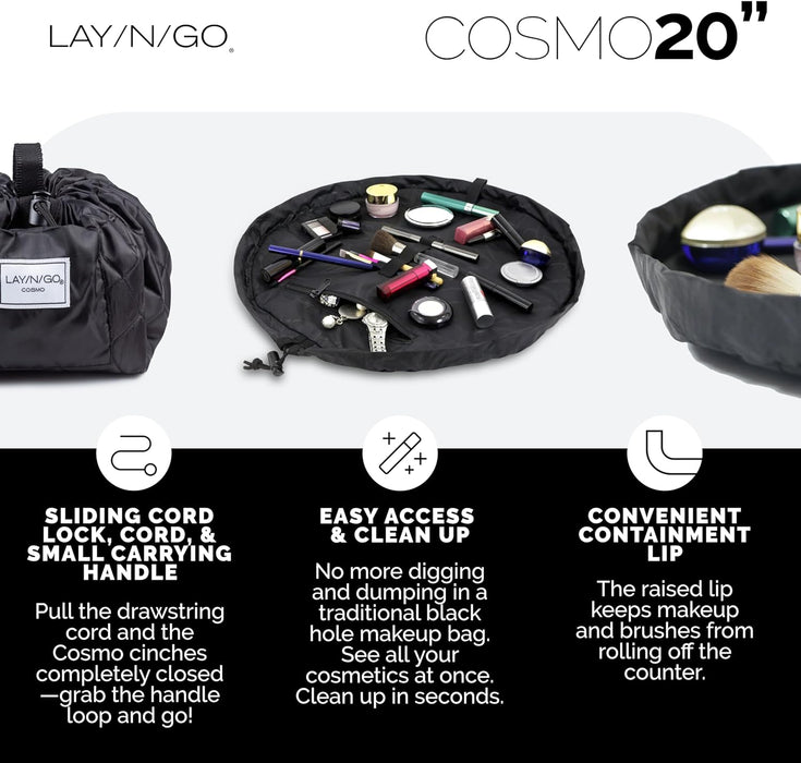 Cosmo Layflat Drawstring Cosmetic & Makeup Bag Organizer - Portable Drawstring Bag w/Zipper Pocket, Makeup Loops & More 