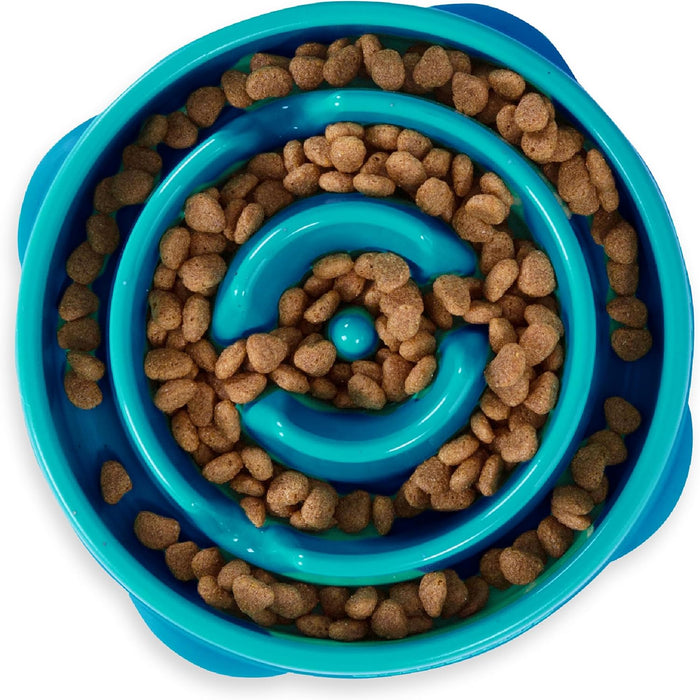 Fun Feeder Slo Bowl – Medium 2‑Cup Capacity, Slow Feeding, Small to Medium Dogs & Cats, Non-Slip, Turquoise, Drop Patter