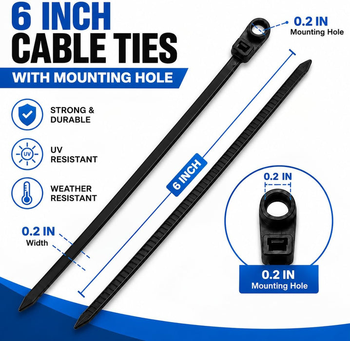 200 Pack 6 Inch Plastic Zip Ties with Screw Holes