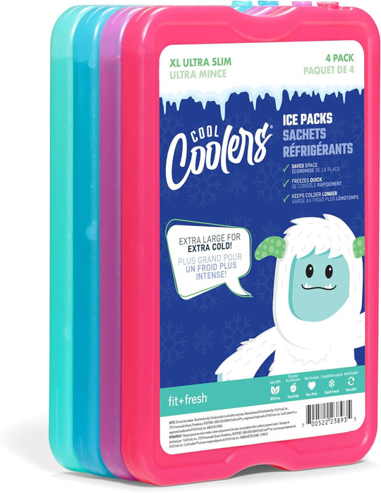 Cool Coolers by  4 Pack XL Slim Ice Packs, Quick Freeze Space Saving Reusable Ice Packs for Lunch Boxes or Coolers