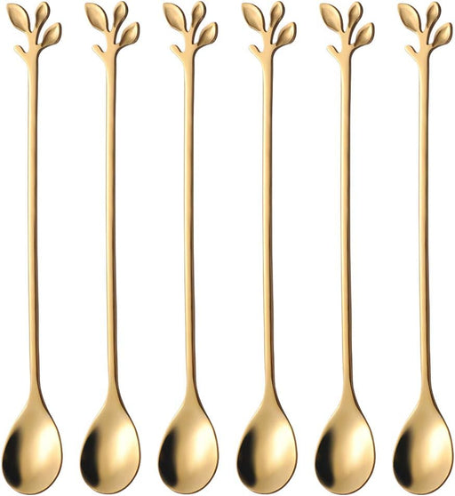 6-Piece Elegant Gold Leaf Long Handle Teaspoons - 7.4"