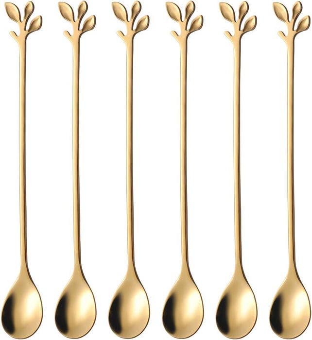 6-Piece Elegant Gold Leaf Long Handle Teaspoons - 7.4"