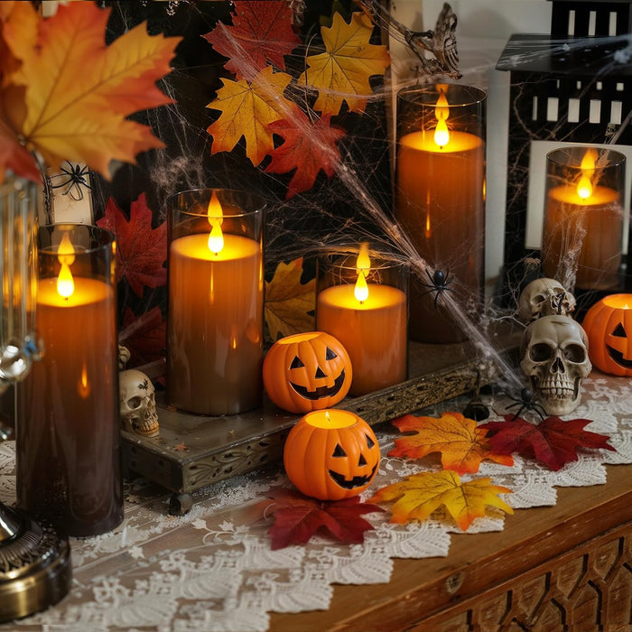 Gray Flickering Flameless Candles, Battery Operated Acrylic LED Pillar Candles with Remote Control and Timer, Halloween Decor, Set of 5