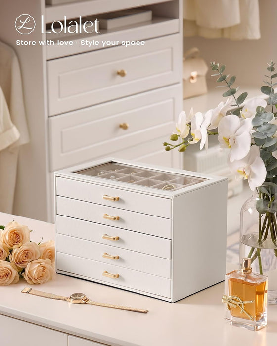 Earring Organizer, Jewelry Box with Clear Lid -Beige, 5 Layer