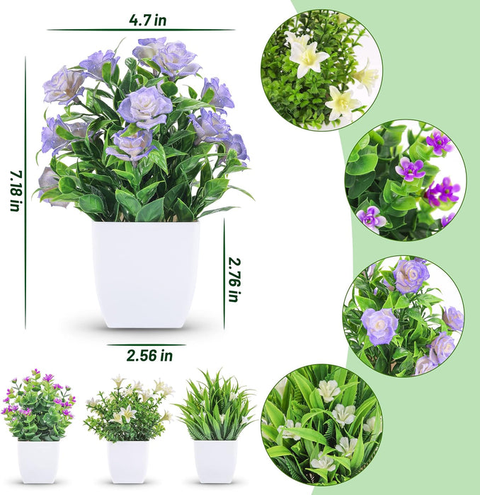 4 Pack Small Fake Plants with Flowers, Spring Home Bathroom Decor