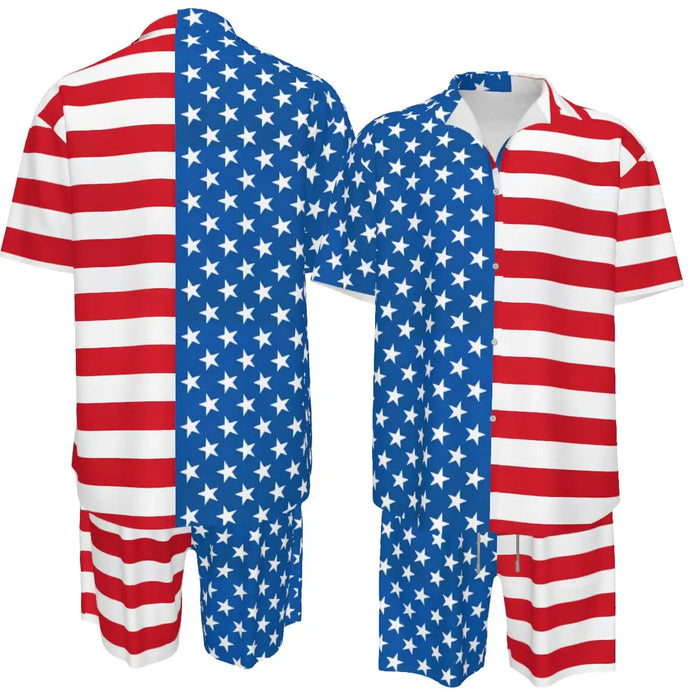 Men'S Fashion 2-Piece Matching Shortsleeve Collared Neck Tropical Set - Casual Stylish Flag Pattern Shirt & Bottoms, Loose Fit, plus Size Hawaiian Patriotic Streetwear for 4Th of July