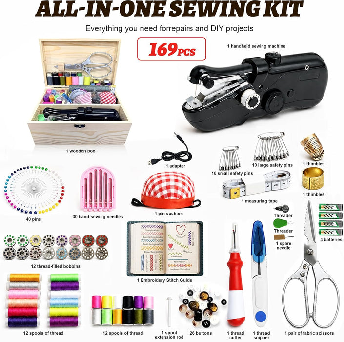 169-Piece Kit Handheld Sewing Machine with Wooden Sewing Box