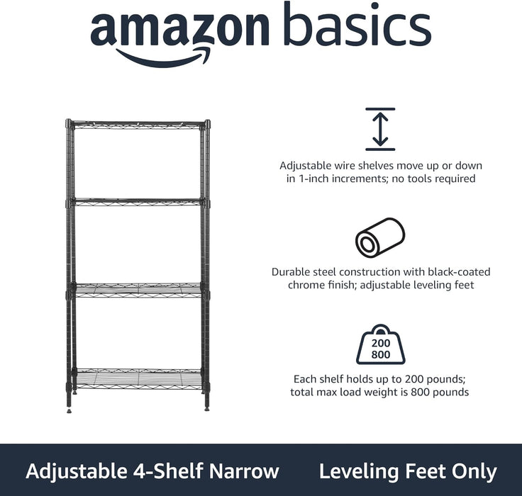4-Shelf Steel Wire Storage Shelves for Garage, Adjustable Metal Shelving Unit, 200 lbs Per Shelf, 23.2" W x 48" H x 13.4" D, Black