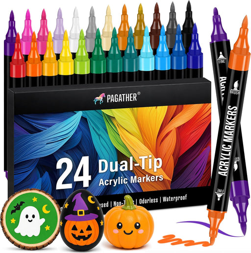 Acrylic Paint Markers, 24 Colors Dual Tip Fine & Brush Pens Set