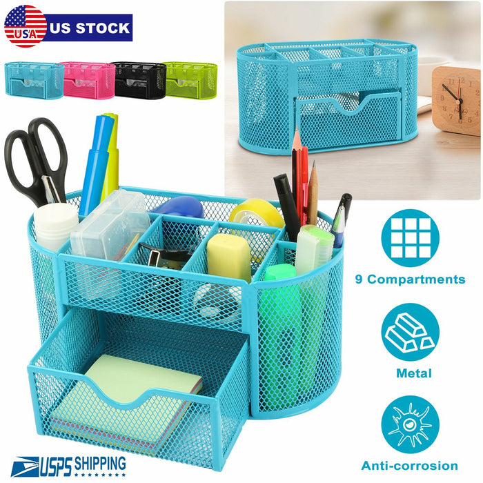 Blue Mesh Desktop Organizer with Pen Holder