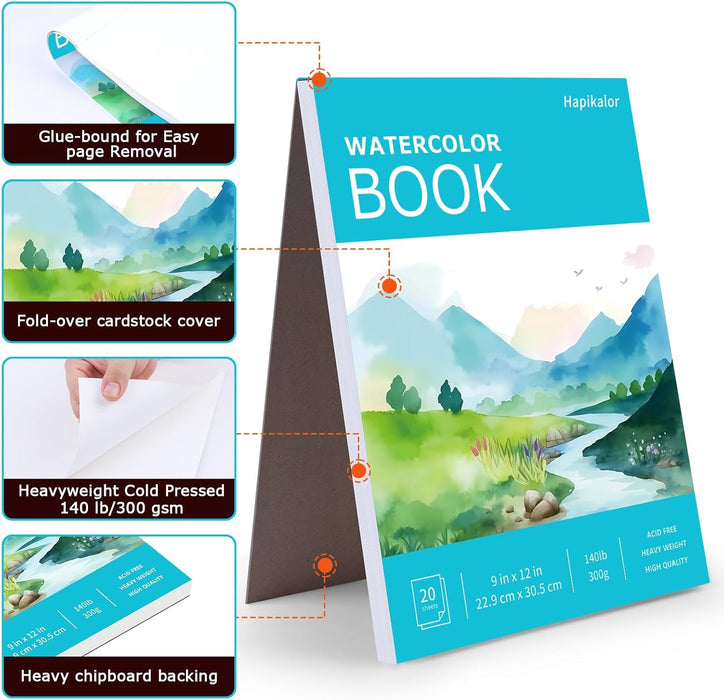 Watercolor Paper Pad, 9"x12" Water Color Paper, 140lb/300gsm Teal