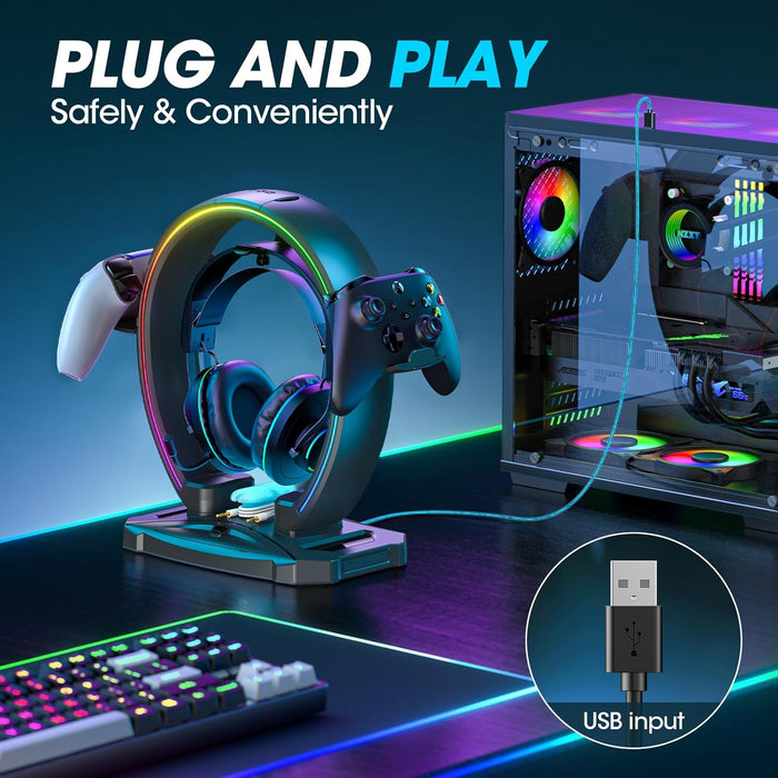 RGB Headphone & Controller Stand with 9 Light Modes - Foldable Controller Hanger for Desk - Earphone Stand with Cable Or