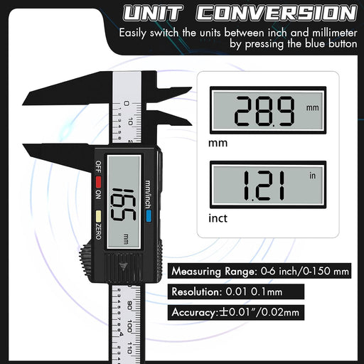 Digital Caliper,0-6 inch/150 mm,inch and Millimeter Conversion,LCD Screen