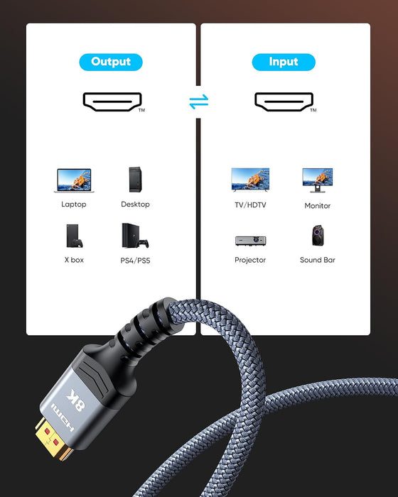8K 60Hz HDMI Cable 3.3FT/1M, Ultra High Speed 2.1 48Gbps HDMI