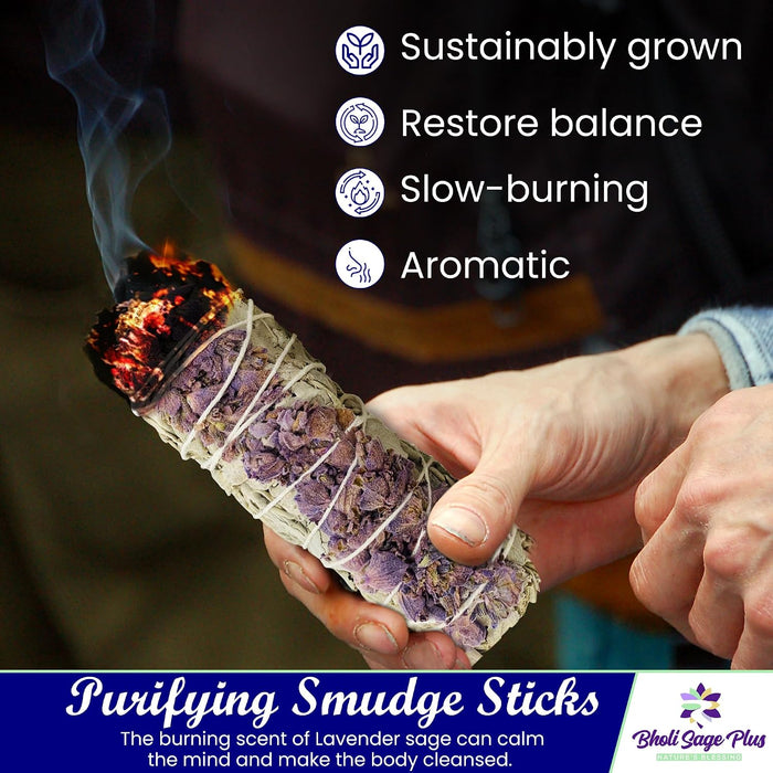 Lavender with White Sage -  Sage Incense Sticks for Cleansing Negative Energy, Sage Sticks for House Cleansing - Lavender with White Sage Smudge Sticks Pack of 4