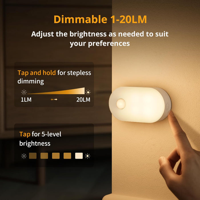 Rechargeable Battery Night Light with Motion Sensor, Portable Mini Warm White LED Stick-on Closet Light, Adjustable Brightness for Bathroom, Bedroom, Kitchen, Cabinet, Stairs, Hallway, 2-Pack