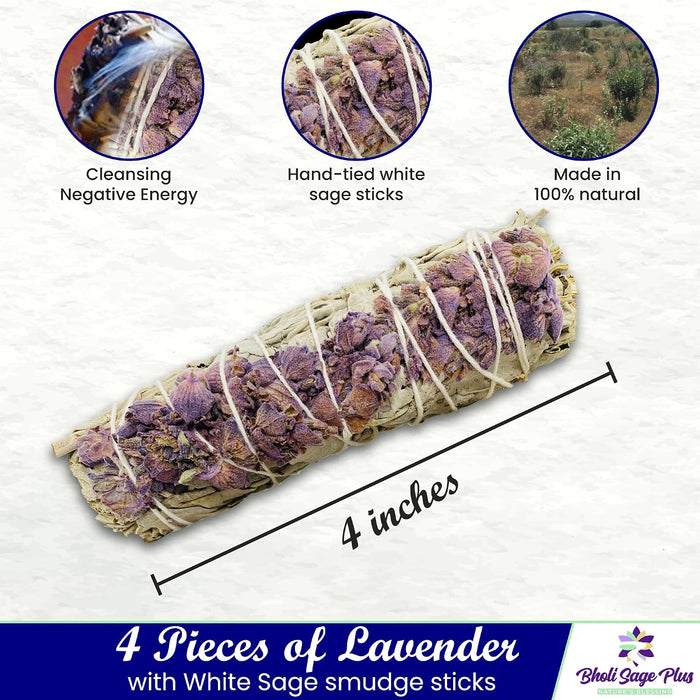 Lavender with White Sage -  Sage Incense Sticks for Cleansing Negative Energy, Sage Sticks for House Cleansing - Lavender with White Sage Smudge Sticks Pack of 4