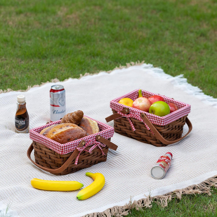 Wickerwise Small Rectangular Woodchip Picnic Baskets with Double Folding Handles, Natural Hand-Woven Basket Lined with Gingham Red and White Lining Great for Gifts