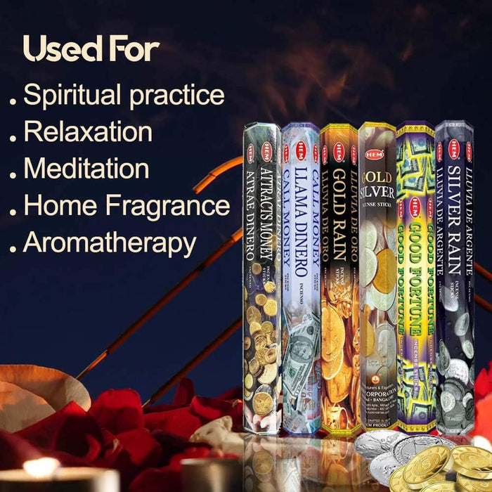 Assorted Incense Sticks – Attracts Money, Call Money, Gold Rain, Gold Silver, Good Fortune & Silver Rain – Pack of 6 – Premium Aromatherapy for Prosperity, Meditation & Home Fragrance.