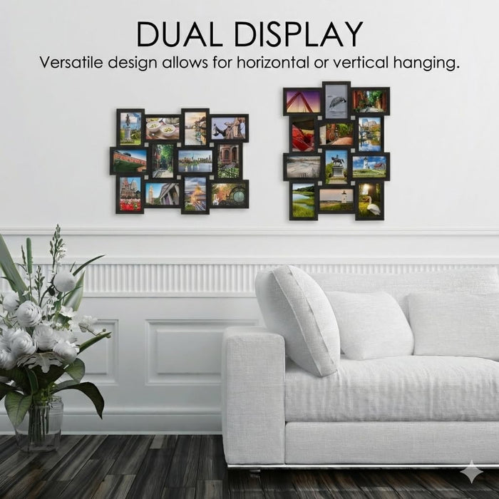Collage Picture Frame 18x23 Inch Black - Holds 12 Photos in 4x6 and 6x4 Formats - Wall Display for Home Decor, Horizontal or Vertical Hanging