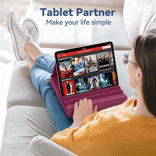 Tablet Pillow Holder, Foldable iPad Stand for Lap, Bed and Desk -Tablet Soft Pad Dock with Pocket & Stylus Mount Compati