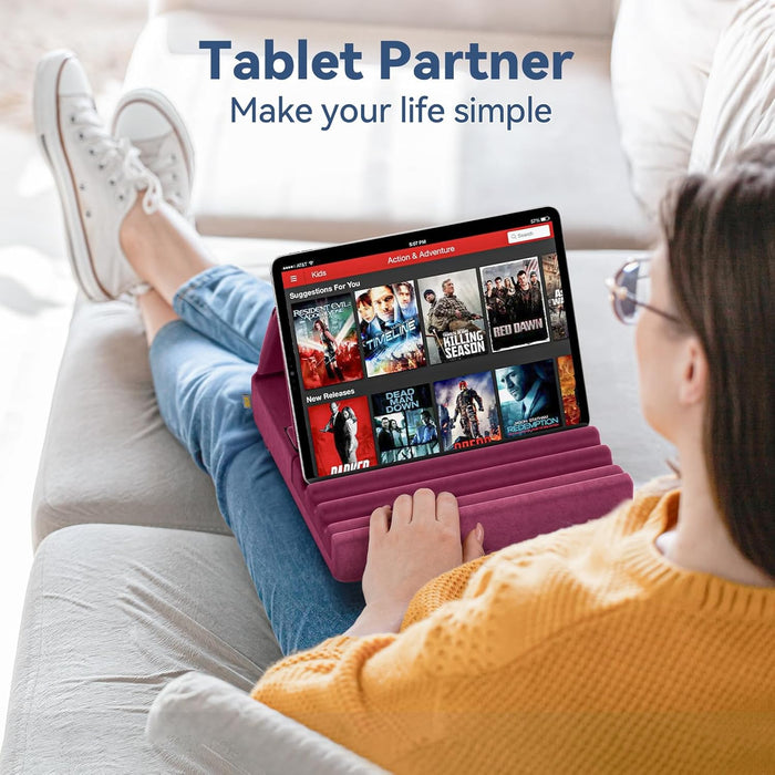 Tablet Pillow Holder, Foldable iPad Stand for Lap, Bed and Desk -Tablet Soft Pad Dock with Pocket & Stylus Mount Compati