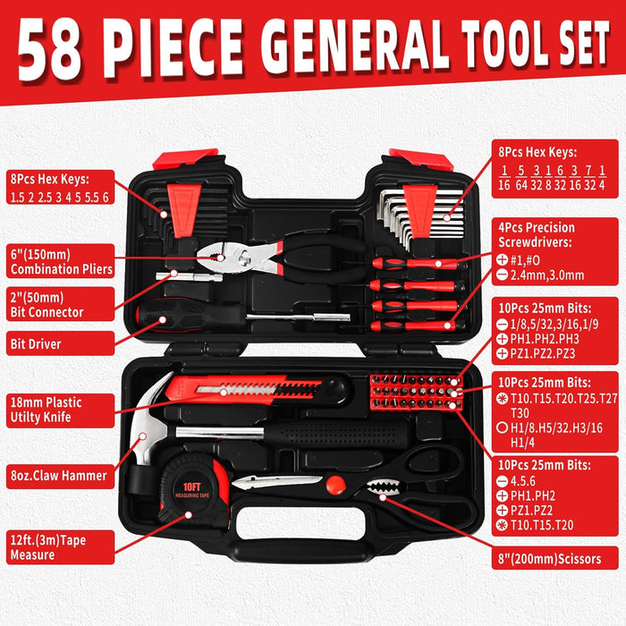 58-Piece Household Tool Set, Home Tool Kit with Storage Case, Red