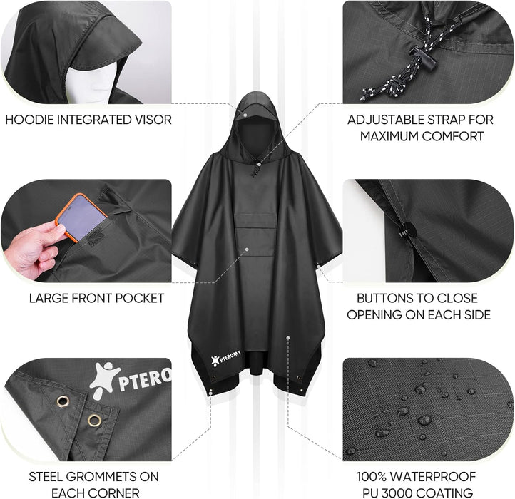 Hooded Rain Poncho for Adults, Reusable Waterproof Raincoat
