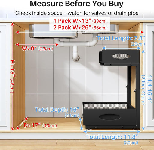 Under Sink Organizer, 2 Pack 2 Tier Pull Out Under Cabinet Organizer Shelf with Pad for Framed Cabinets, Metal Slide Out