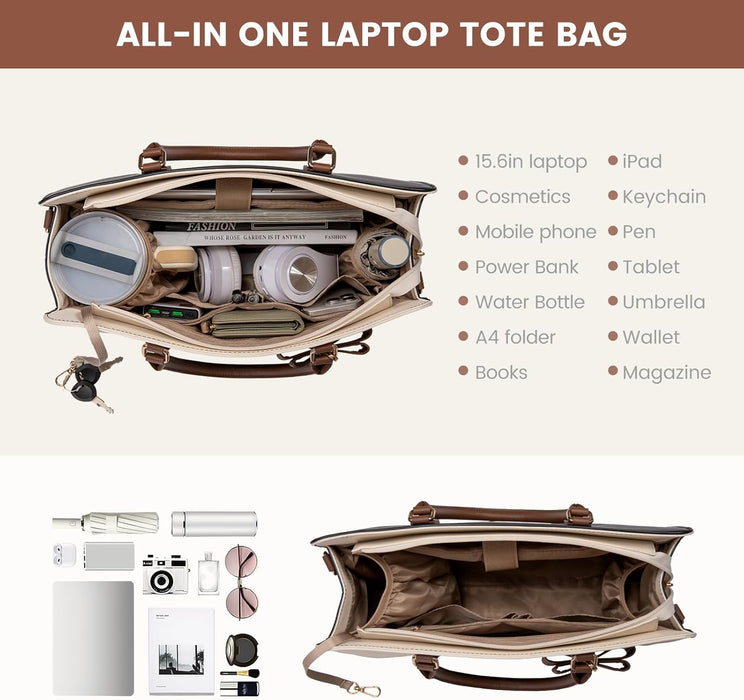 Laptop Tote Bag for Women,Leather Work Bag, Waterproof Business Teacher Bag,Large Computer Handbag Purse Briefcase,Offic