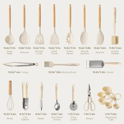 22-Piece Cooking Utensils Set with Wood Cool-Touch Handles, Cream