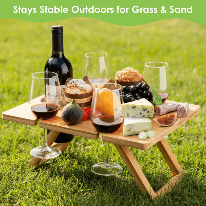 Portable Wine Picnic Table with 5 Wine Glasses Holder, Foldable Champagne Picnic Snack Table, Wine and Cheese Table for Picnic, Camping, Park, Beach, Wine Lover Gift