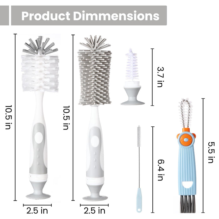7-in-1 Baby Bottle Cleaner Set, Including Nylon & Silicone Bottle Brush, Cap, Straw & Nipple Brushes, BPA-Free (Gray)