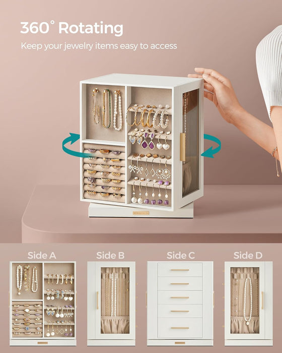 Jewelry Box Organizer, 360° Rotating, 5 Drawers, Cloud White