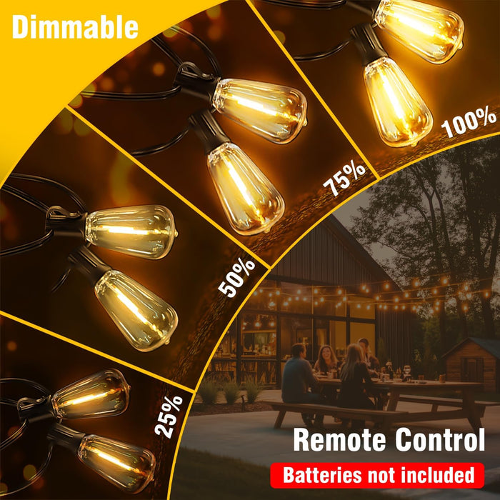 100FT Solar String Lights Outdoor Waterproof with Remote & Timer, LED Shatterproof ST38 Bulbs, USB & Solar Powered Patio Lights for Backyard, Porch, Garden, Wedding Decor, Dusk to Dawn Lighting