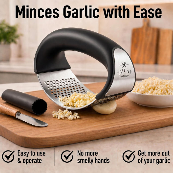 Stainless Steel Garlic Press Rocker Set - Premium Garlic Mincer Garlic Crusher - New Innovative Garlic Crusher with Peel