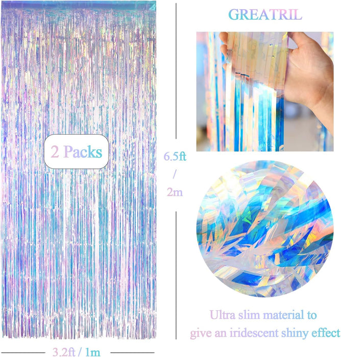 Iridescent Party Streamers Backdrop -  Neon Transparent Holographic Tinsel Foil Fringe Curtain for Mermaid/Frozen/Sea/Euphoria/ERAS Party Theme Decorations 3.2ft x 6.5ft 2 PCS