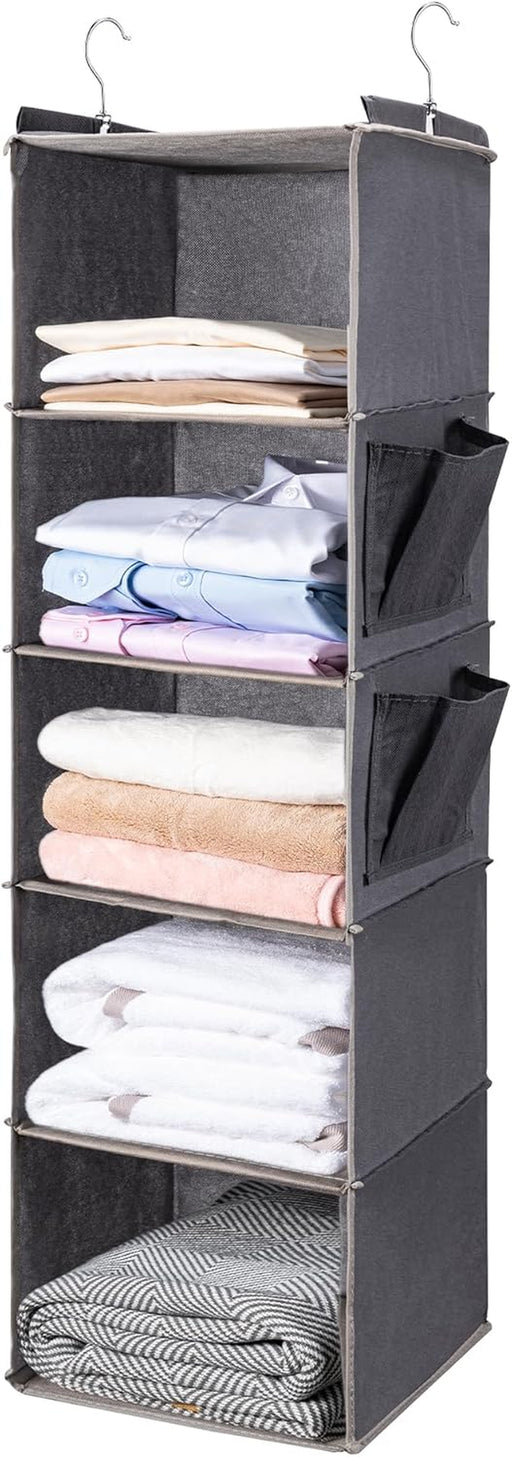 Hanging Closet Organize and Shelves，5-Hanging Shelf with 2 Side Pockets，Storage Foldable （Grey）