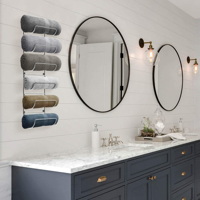 6-Tier Wall-Mounted Rolled Towel Rack — Silver