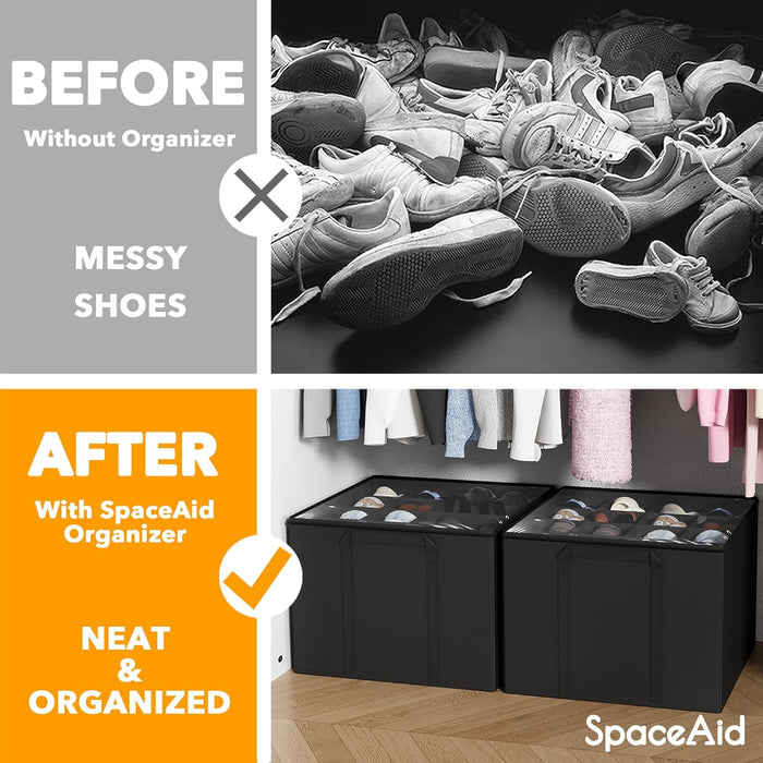 Shoe Organizer for Closet, 2 Pack Foldable Shoe Storage Containers Baskets Boxes Bins w/Adjustable Dividers, Fits 16-32 Pairs, Black
