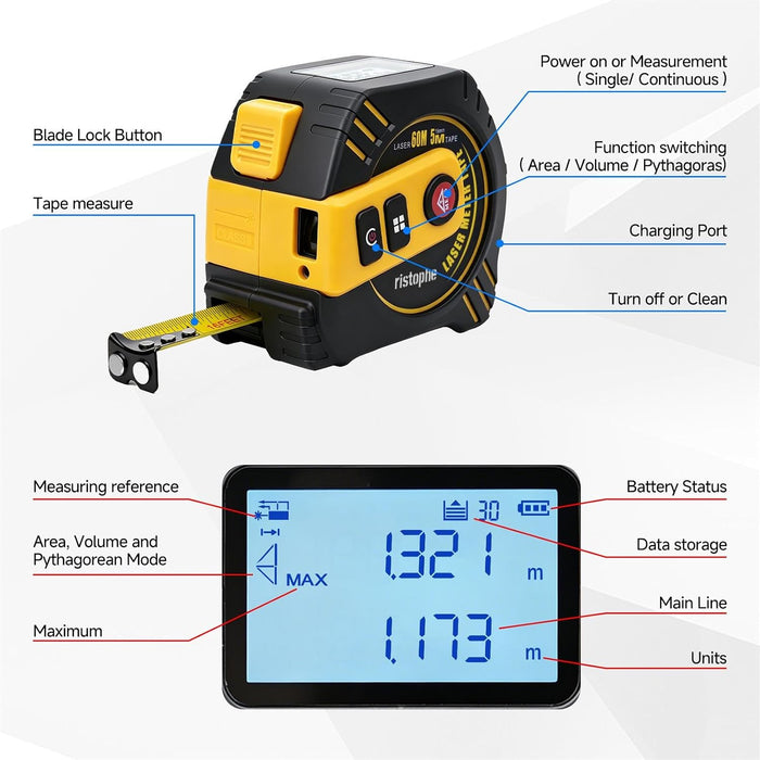 2-in-1 Laser Tape Measure, 197Ft Rechargeable Laser Measuring Tool & 16Ft Measuring Tape with LCD Display - Pythagorean, Area, Volume Digital Tape Measure for Construction & DIY (M/in/Ft)