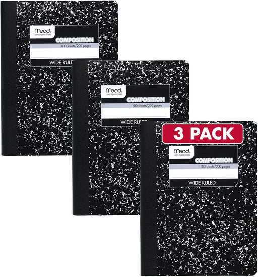 Composition Notebook, Wide Ruled Paper, 7.5" x 9.75", 100 Sheets, Black Marble, 3 Pack (38301)