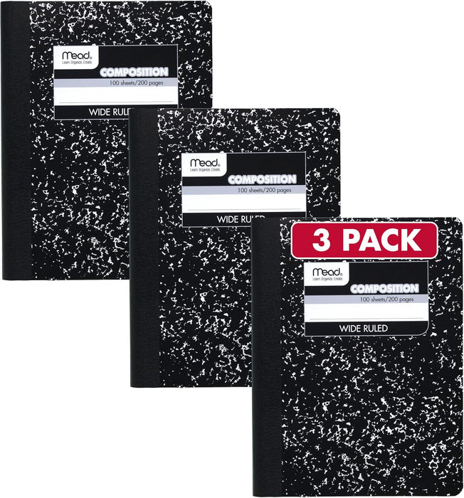 Composition Notebook, Wide Ruled Paper, 7.5" x 9.75", 100 Sheets, Black Marble, 3 Pack (38301)