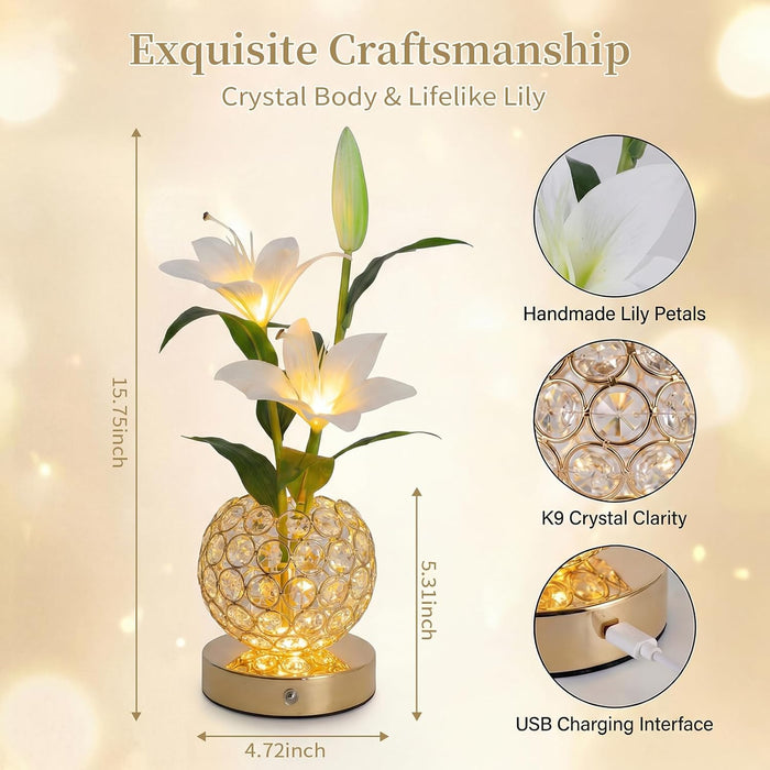 Stargazer Lily Crystal Table Lamp, Rechargeable Touch Flowers Lamp