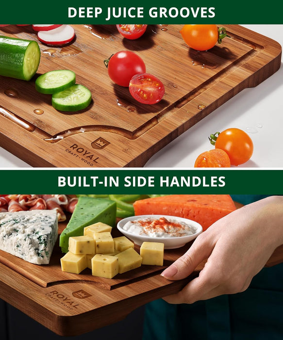 Wooden Cutting Boards for Kitchen Appliances - Non Toxic Bamboo Wood Cutting Board Set with Deep Juice Groove, Side Hand