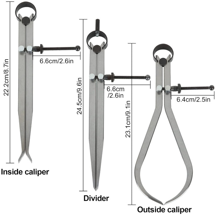 3 Piece Spring Caliper/Divider Set, 8 inches Inside Spring Outside Divider Caliper Set, Calipers Measuring Tool for Wood